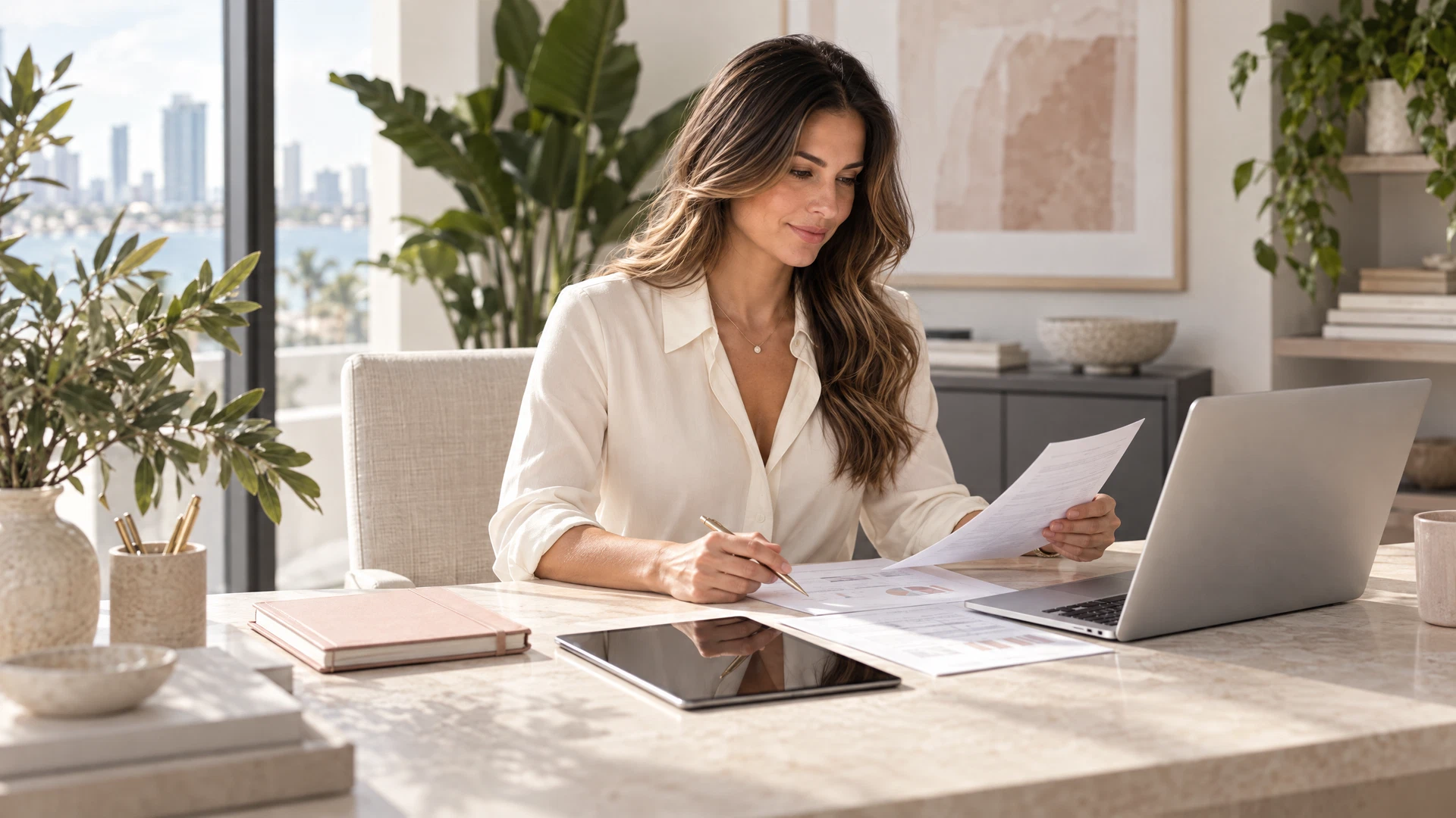 Remote business professional reviewing financial documents beside a contemporary silver laptop