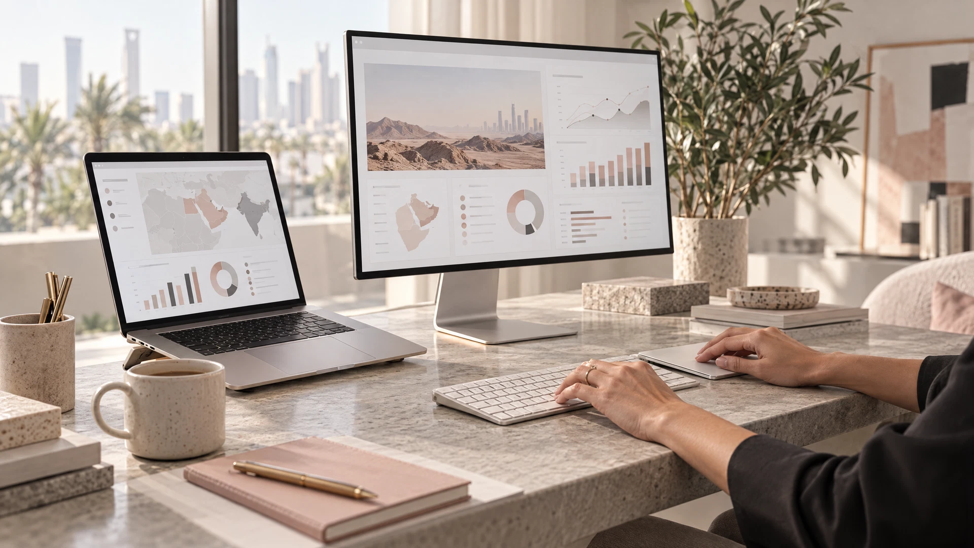 Contemporary remote workstation with a slim silver laptop, thin-bezel display and wireless keyboard